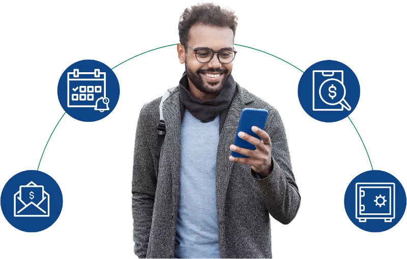 Resident checking a bill on a phone, surrounded by icons for due-date reminders, bills, receipts and secure storage.