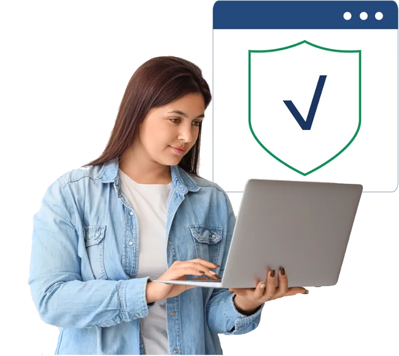 Resident using a laptop, beside a browser window showing a shield with a checkmark.